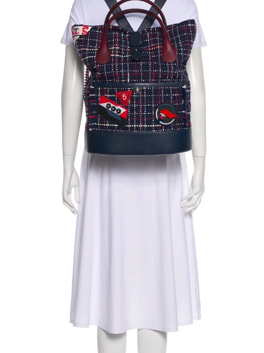 CHANEL Navy Tweed Tote with Red & White Patch Accents